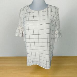 LOFT Top Sz M Ivory Plaid Round Neck Short Sleeve Keyhole Back Peplum Lined